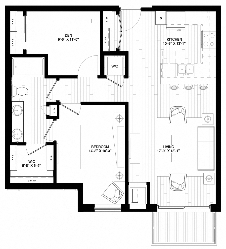 Floor plan for 1 bed, 1 bath, 905 sqft